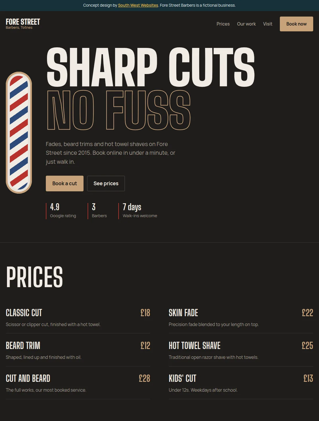 The top of the Fore Street Barbers concept site, showing the spinning barber pole and headline