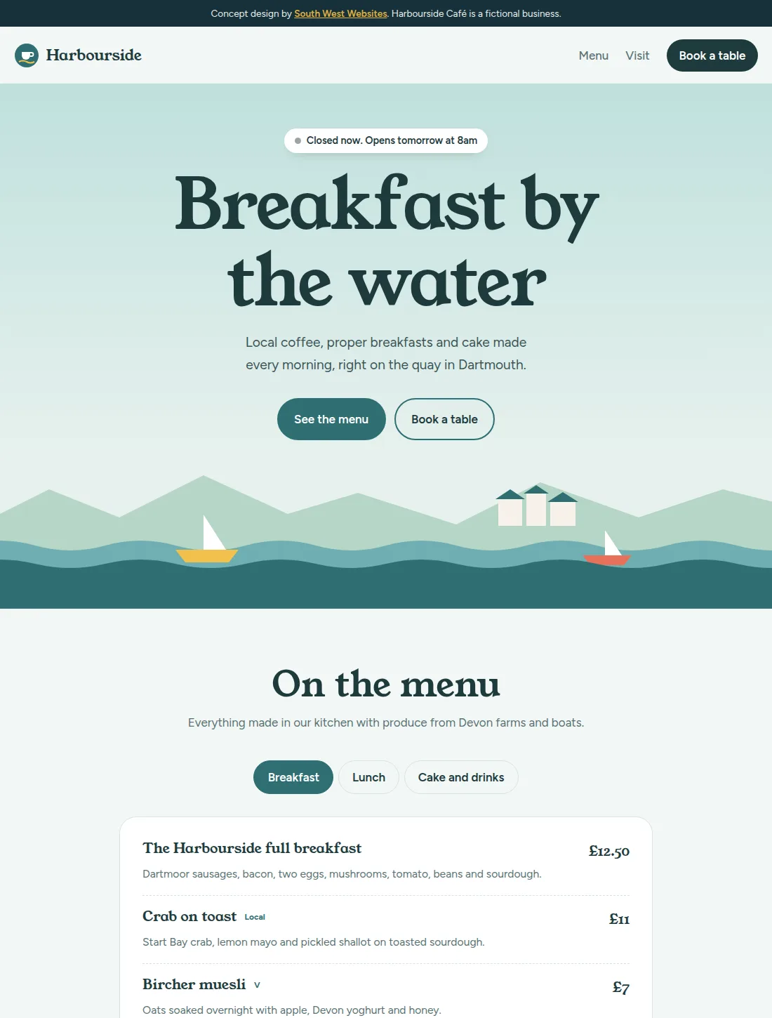 The top of the Harbourside Café concept site, showing the open-now badge and harbour scene