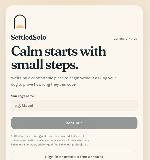 SettledSolo app getting-started screen with the heading Calm starts with small steps