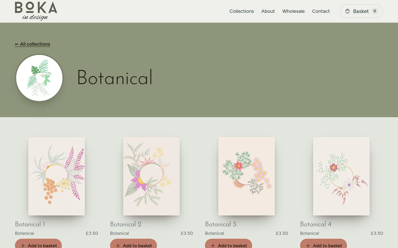 The Botanical collection: card artwork, names and prices presented in a clear grid