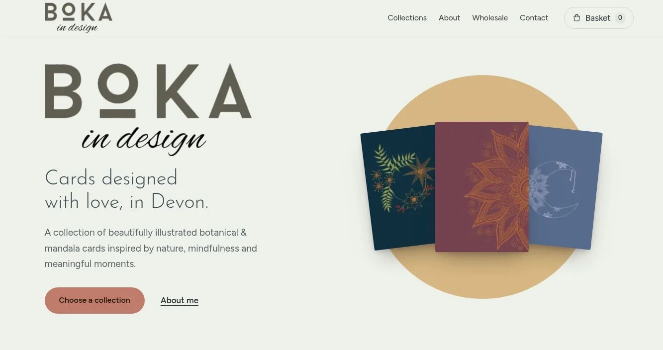Boka’s homepage on a desktop screen: her illustrated cards lead, with collections and wholesale in the navigation