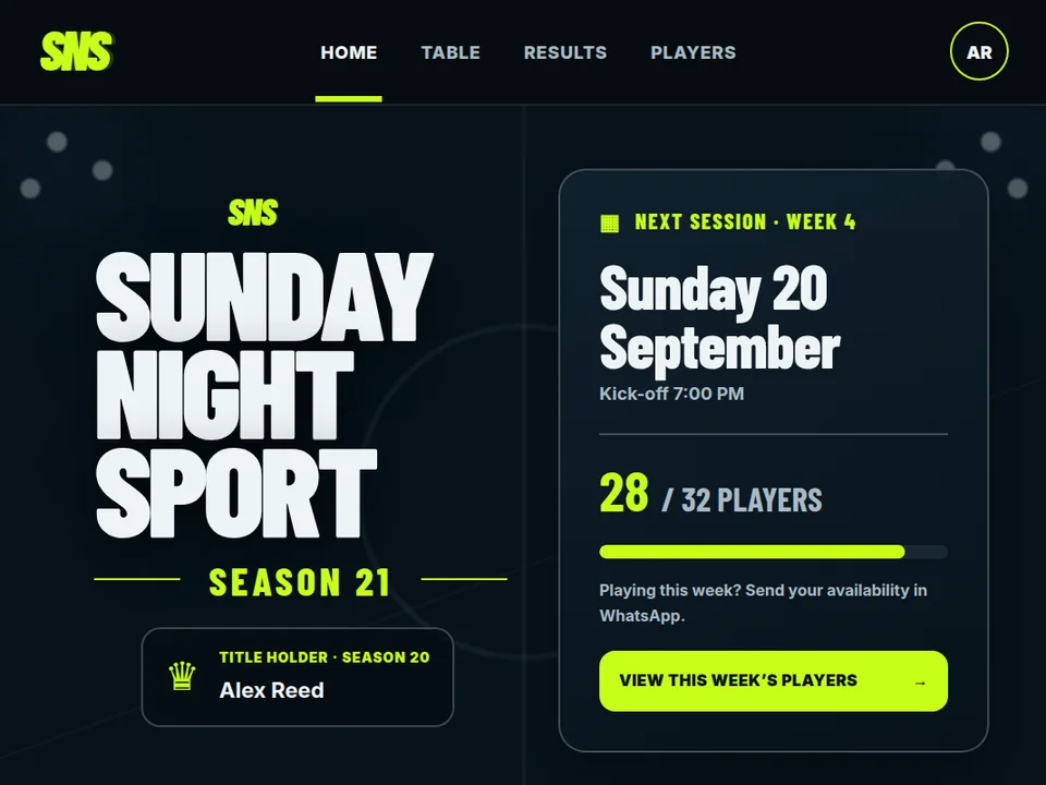 Sunday Night Sport’s member home screen, shown with demo data