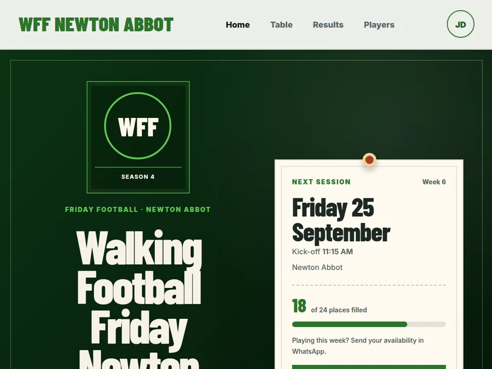 Walking Football Friday’s member home screen, shown with demo data